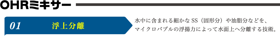 OHRミキサー 01 浮上分離 水中に含まれる細かなSS（固形分）や油脂分などを、マイクロバブルの浮揚力によって水面上へ分離する技術。